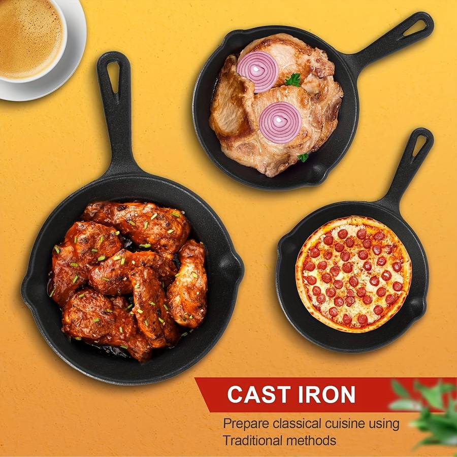 Set Cast Iron Cookware Set 10 Inch 8 Inch 6 Inch Flat Pans Excellent Heat Black