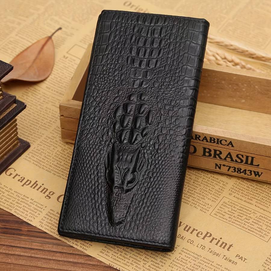 Men'S Classic Crocodile Pattern Long Walletmulti-Card Holder With Zipper Coin Pocket Textur