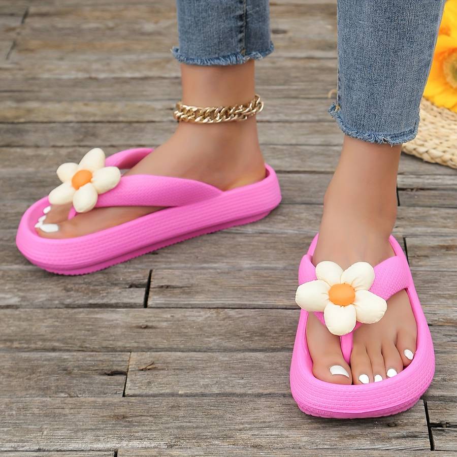 Ladies Summer Flip Flops Rose Red And White Flowers Uk 6.5-7