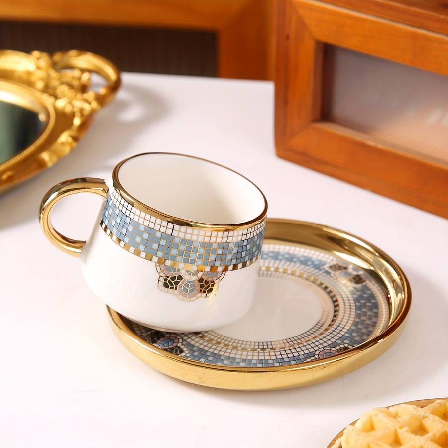 Water Cup Capacity 170Ml 574Oz Gold Rimmed Checkered 6 Cup Saucer