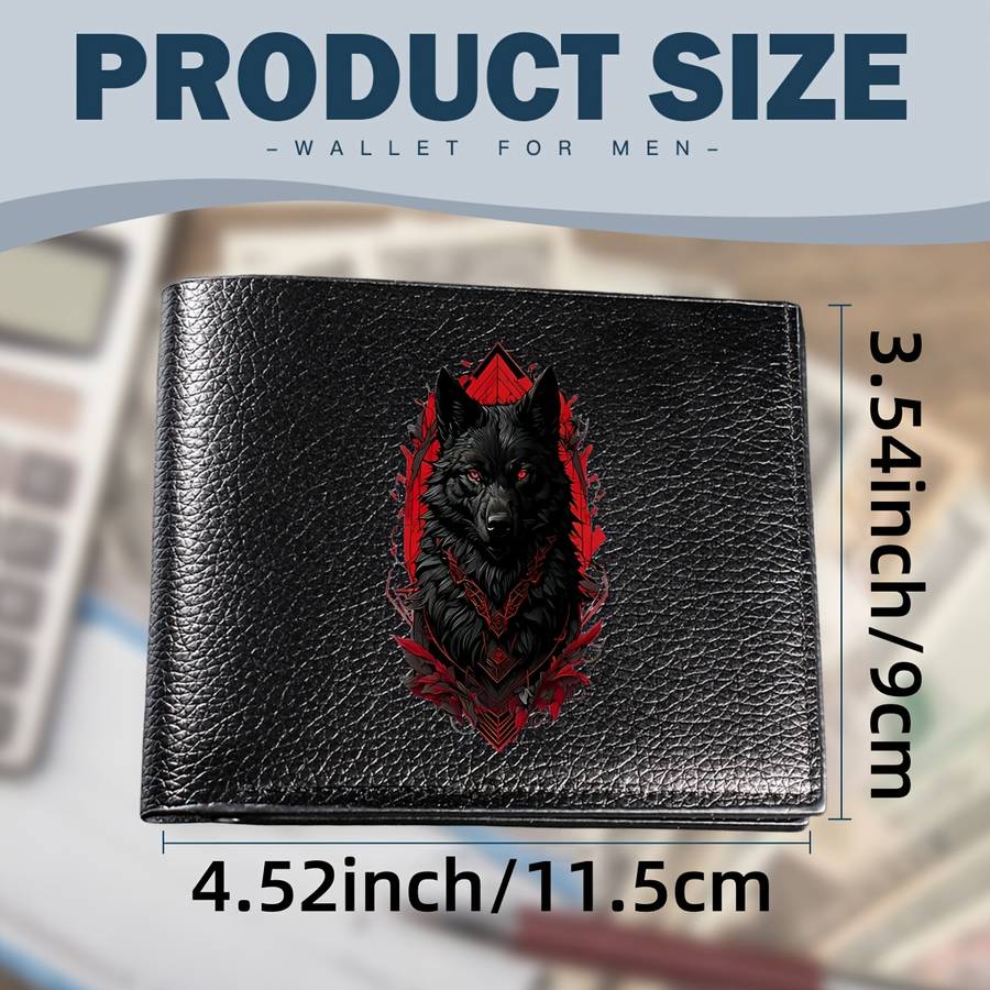 Premium Men'S Black Faux Leather Wallet With Intricate Wolf Designslim Bifold Style With