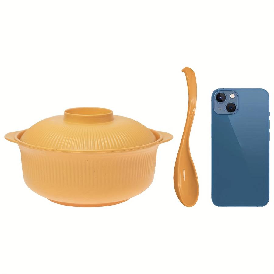 2pcs Set Large Capacity Casserole Style Bowl with Lid and Long Soup Spoon 1100ml 38oz Portable