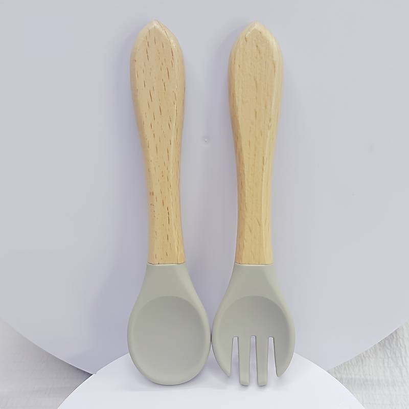 2pcs Customer Favorite 100% Food Grade Silicone Spoon and Fork with Wooden Handle BPA Free Su