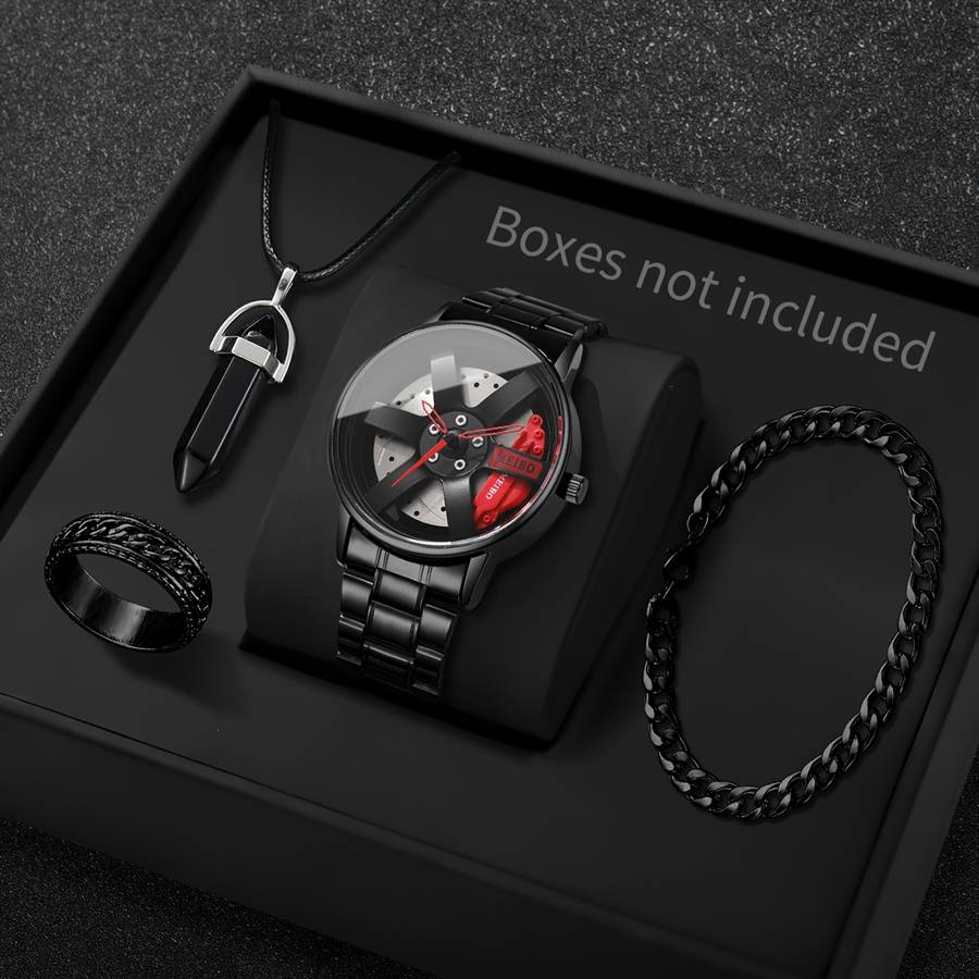 4Pcs Luxury Men Fashion Quartz Watch Set Classic Style With Wheel