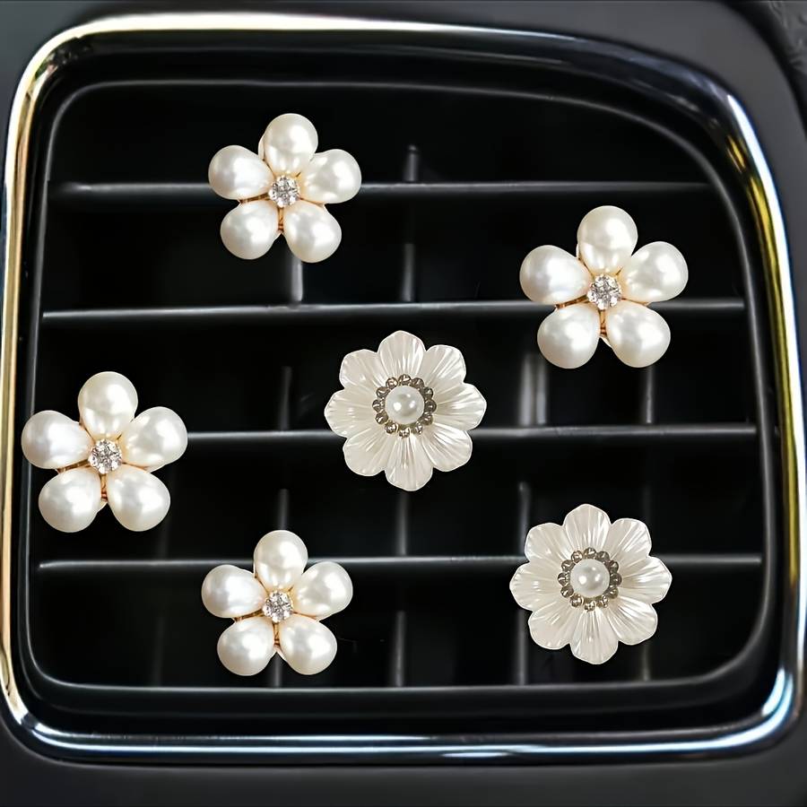 Car Interior Decor Items 6Pcs 2 Pearl Flowers  Add  4 Five Petal Flowers