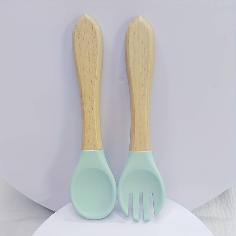 2pcs Customer Favorite 100% Food Grade Silicone Spoon and Fork with Wooden Handle BPA Free Su