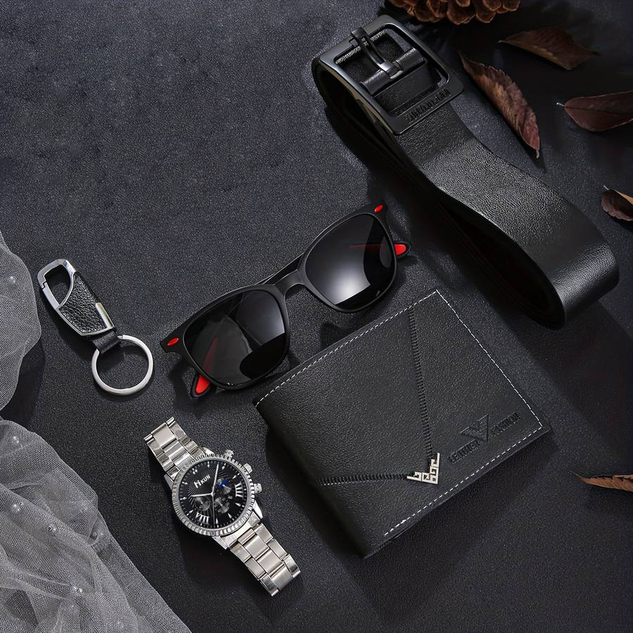 7PCS Mens Setwatch Wallet Belt Keychain Greeting Card Glassesfauxitems Gift Box