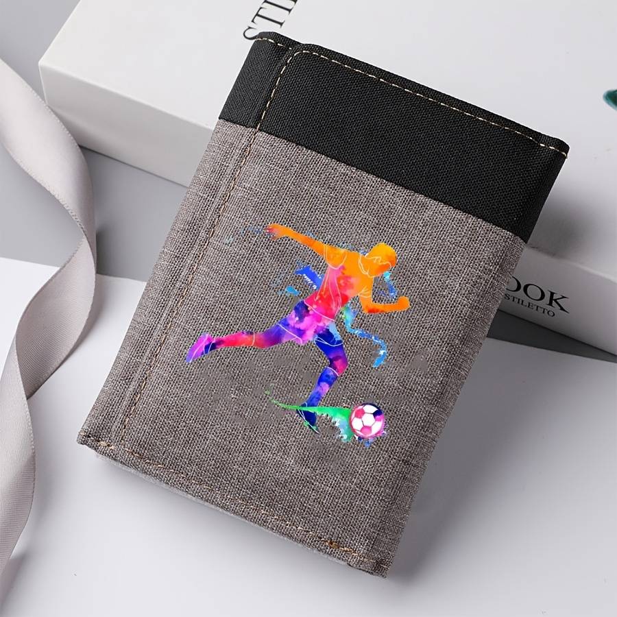 1pc Men'S Casual Canvas Wallet with Football Player Design Color Block Double-Fold Multi-Car