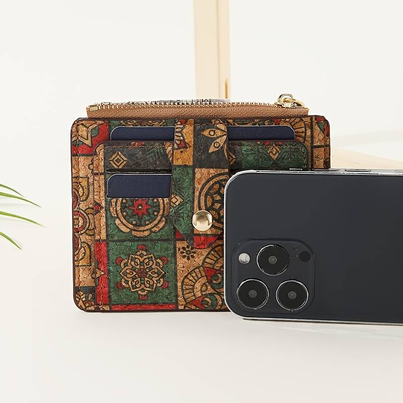 1pc Vintage-Style Slim Zipper Wallet with Multiple Card Slots Coin Purse Ultra-Light Cork Materi