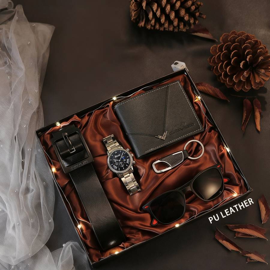 7PCS Mens Setwatch Wallet Belt Keychain Greeting Card Glassesfauxitems Gift Box