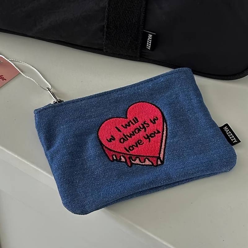 1pc Denim Coin Purse with Heart Design "I Will Always Love You" Embroidery Zippered Denim Wallet