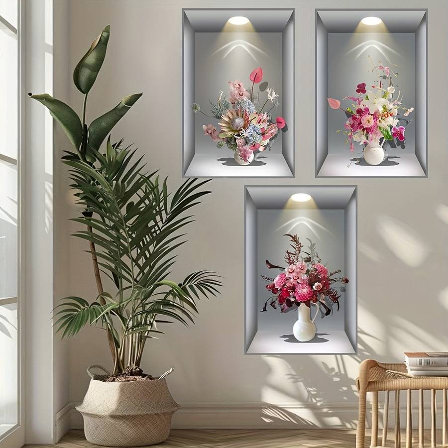 3PCS Premium Removable Green Plant Flower Pot Wall Decal Home Home Decor