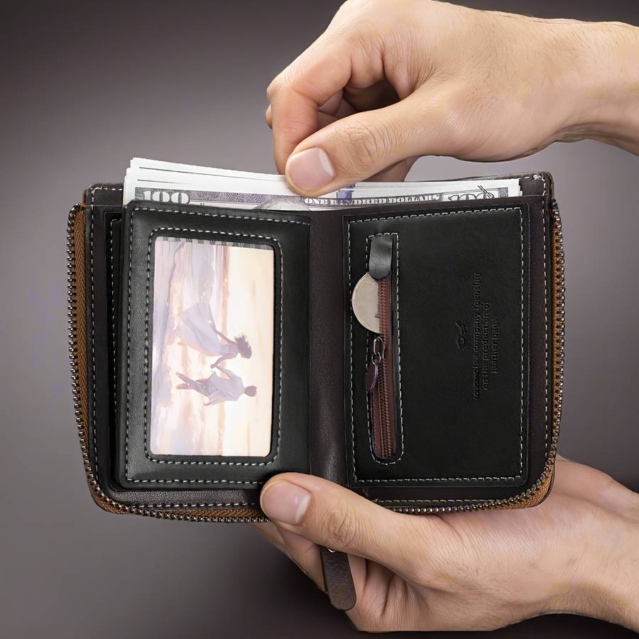 Men'S Vintage Faux Leather Walletcompact Casual Style With Zipper Closure Multi-Card Slots