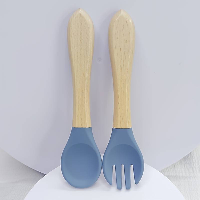 2pcs Customer Favorite 100% Food Grade Silicone Spoon and Fork with Wooden Handle BPA Free Su