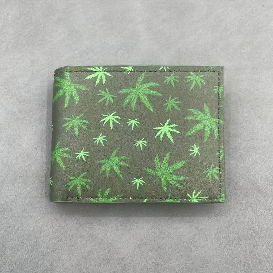 Men'S Stylish Faux Leather Wallet With Vibrant Leaf Printcompact Green Design Perfect Gift