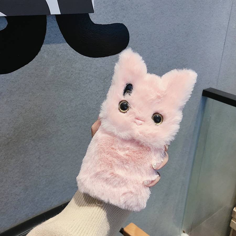 1Pc Pink Red For iPhone 15 Soft Winter Cat Plush Phone Case