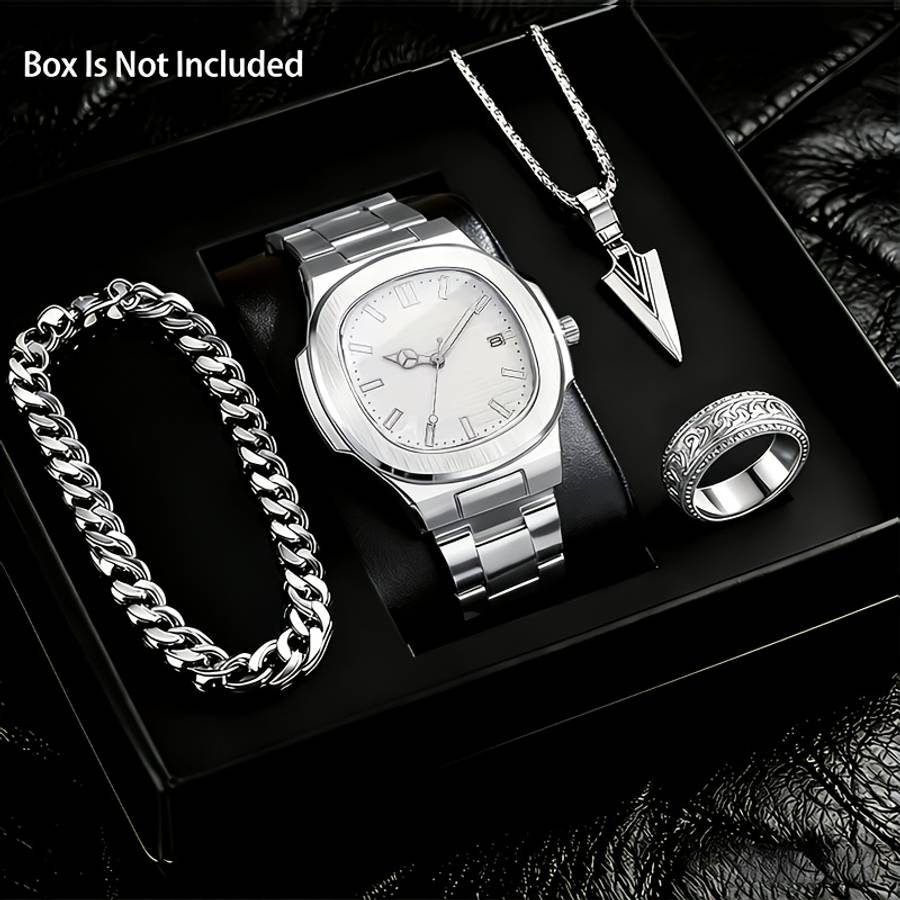 4Pcs Fashion New Men Luxury Quartz Watch Square Dial With Calendar