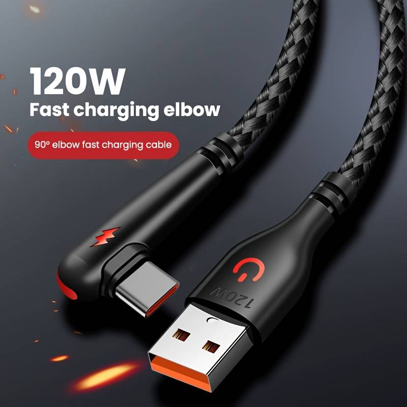 1pc 100cm 120W Max Super Fast Charging Cable 90-Degree Elbow USB to Type-C 120W 6A Max Super Fa