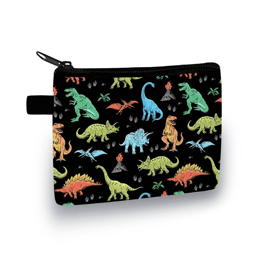 Dinosaur Print Polyester Coin Pouch Casual Style Zipper Wallet With Unlined Storage Bag H