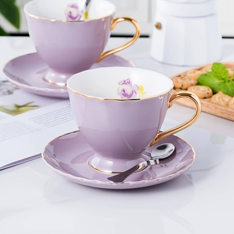 Water Cup Color 2 Cups 2 Saucers 2 Spoons In Purple