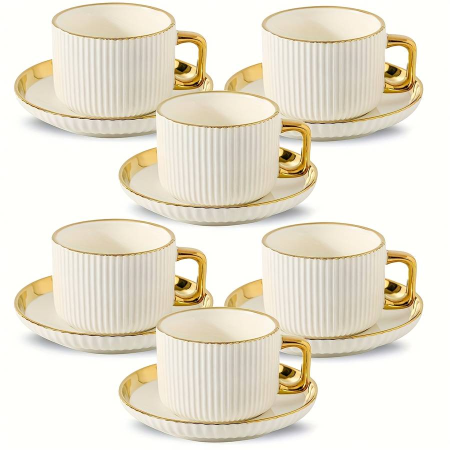 Water Cup Color White Golden Model3001 Ceramic Golden Edge 6 Cups 6 Plates