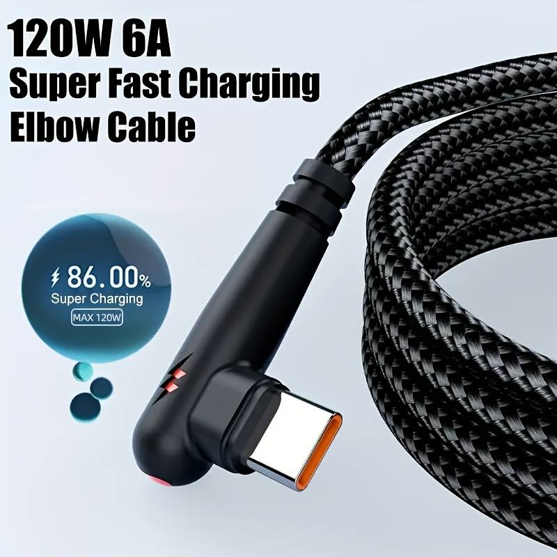 1pc 100cm 120W Max Super Fast Charging Cable 90-Degree Elbow USB to Type-C 120W 6A Max Super Fa