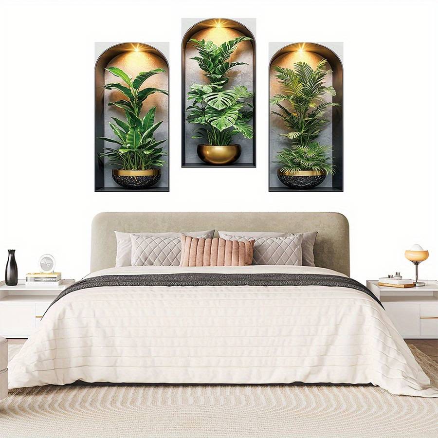 3Pcs Stylish Modern Arched Wall Hanging Plant Stickers Tropical Palm Living