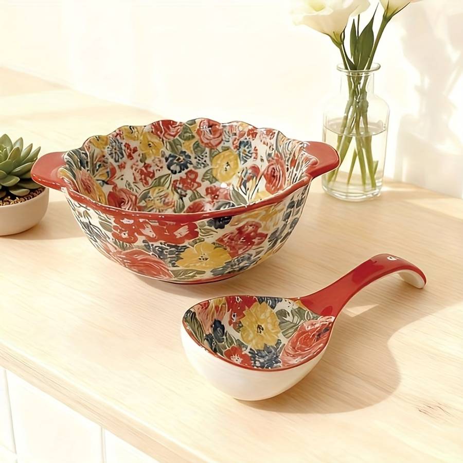 Bowl Style Peony Flower  9.5Inch Doublehandled Soup Bowl