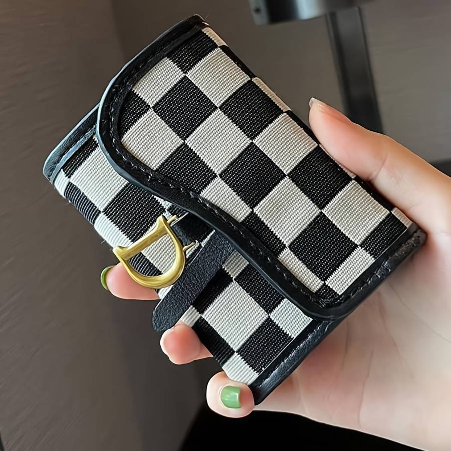 Casual Style Plaid Coin Purse Multi-Card Holder With Snap Closure Polyester Lined Fashionabl