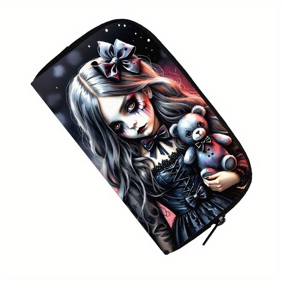Chic Gothic Women Bear Doll Print Walletstylish Polyester Clutch With Zipper Ideal