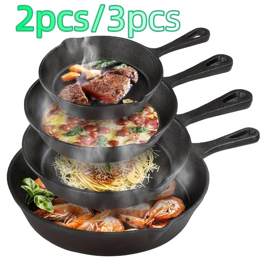 Set Cast Iron Cookware Set 10 Inch 8 Inch 6 Inch Flat Pans Excellent Heat Black