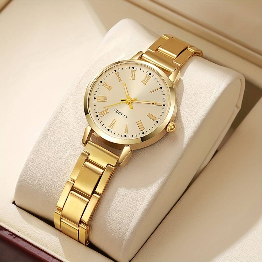4Pcs Minimalist Roman Numeral Quartz Watch Bracelet Combo Model Golden