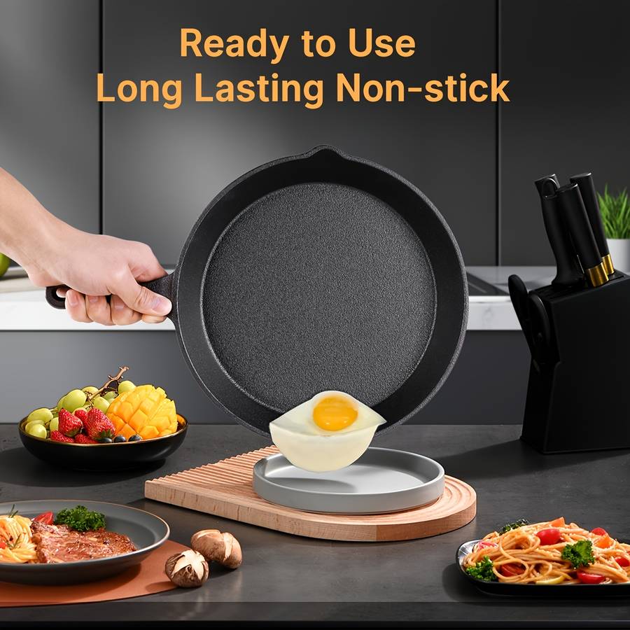 Set Cast Iron Cookware Set 10 Inch 8 Inch 6 Inch Flat Pans Excellent Heat Black