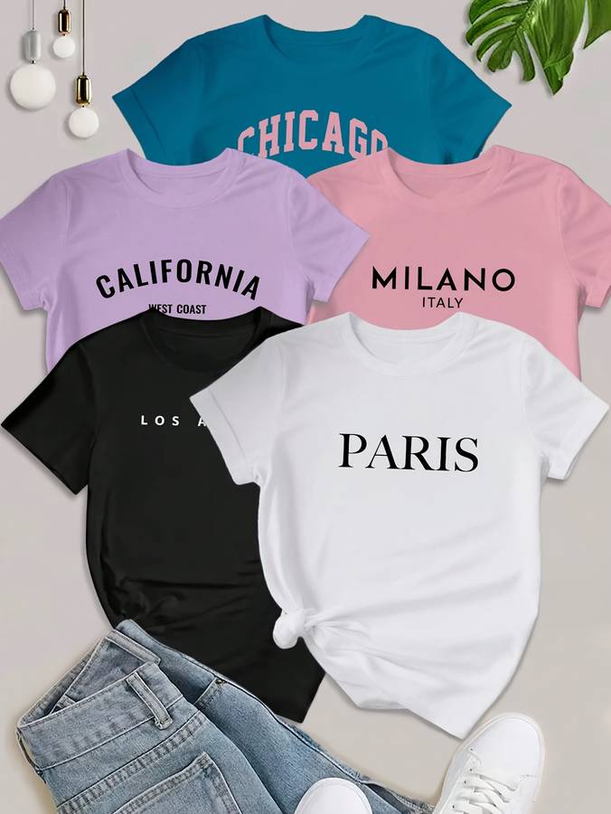 Womens T Shirt Color Black White Pink Grey Yellow Size3Xl