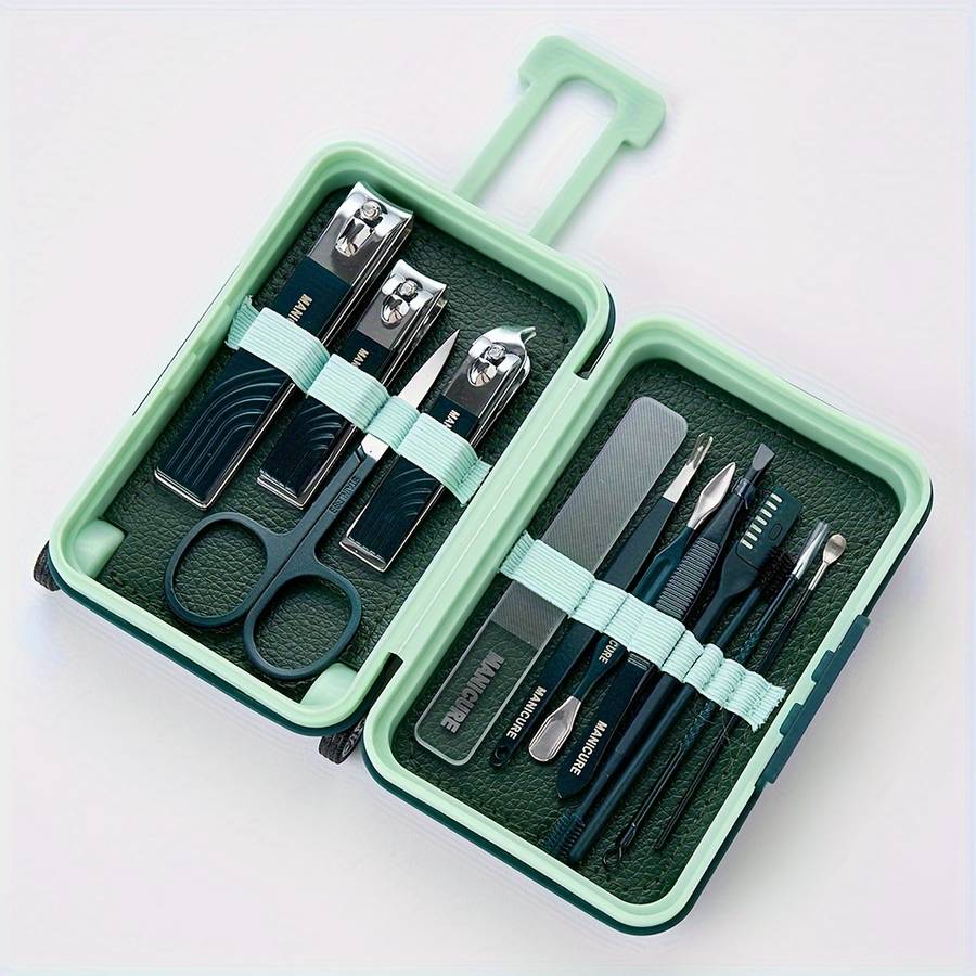12pcs Set Modern Manicure Travel Kit Portable Trolley Case Nail Set Nail Clippers And Groomin