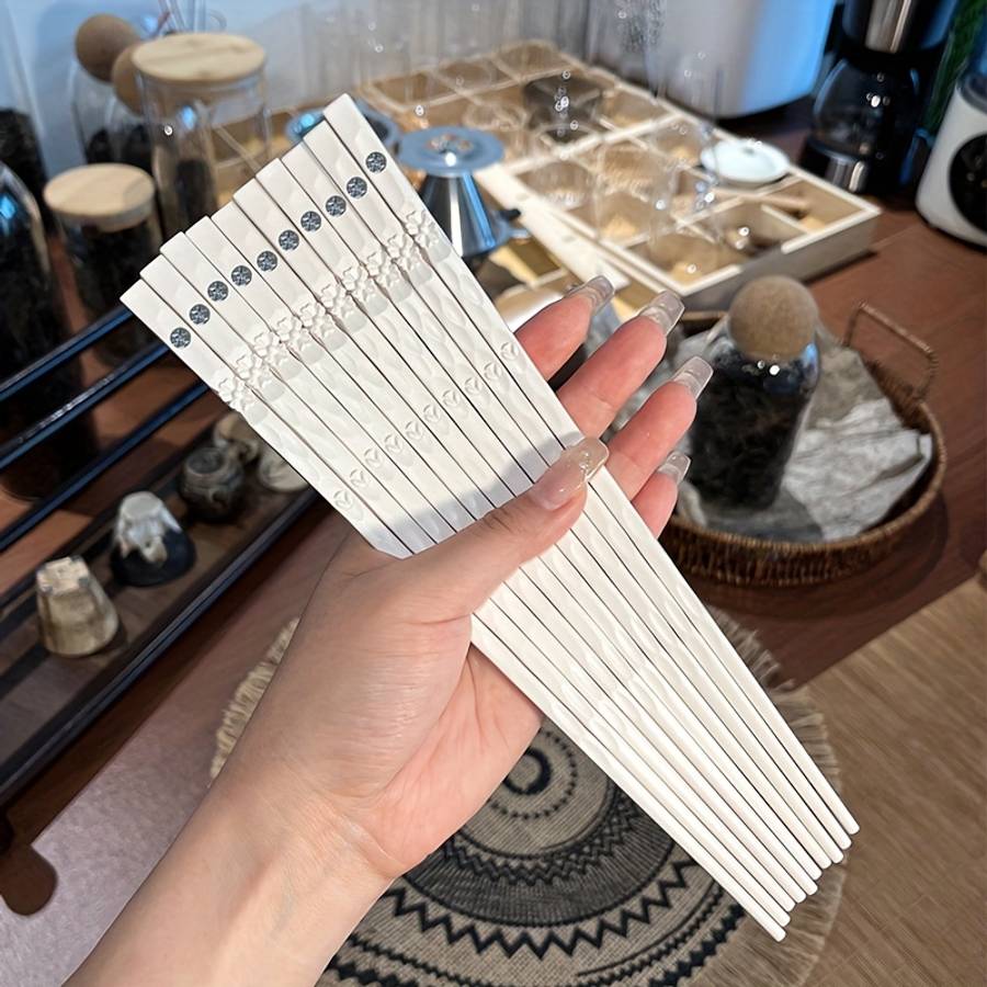 Chopsticks Style White Silvery Carved Chopsticks 5 Pairs