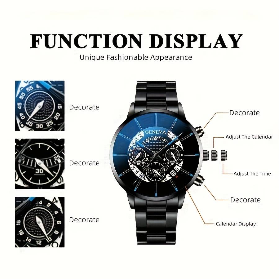 4Pcs Men Stainless Steel Retro Watch Set Quartz Analog Watch With