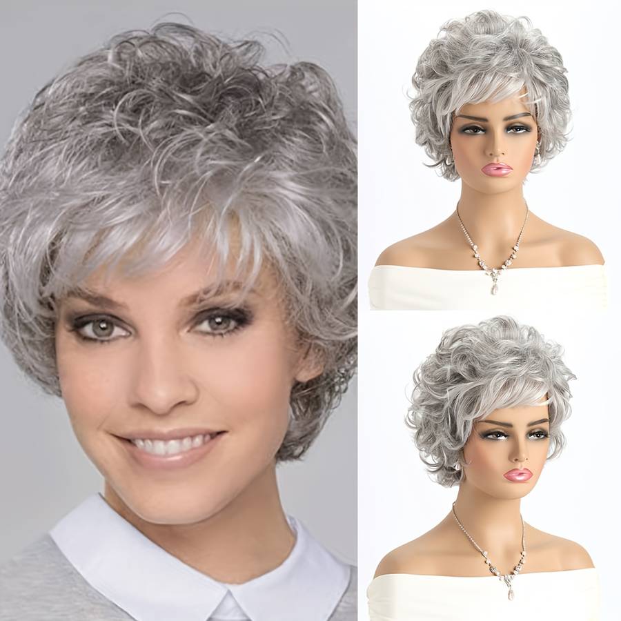Grey+White Womens Wigs Hair Length 25.4Cm