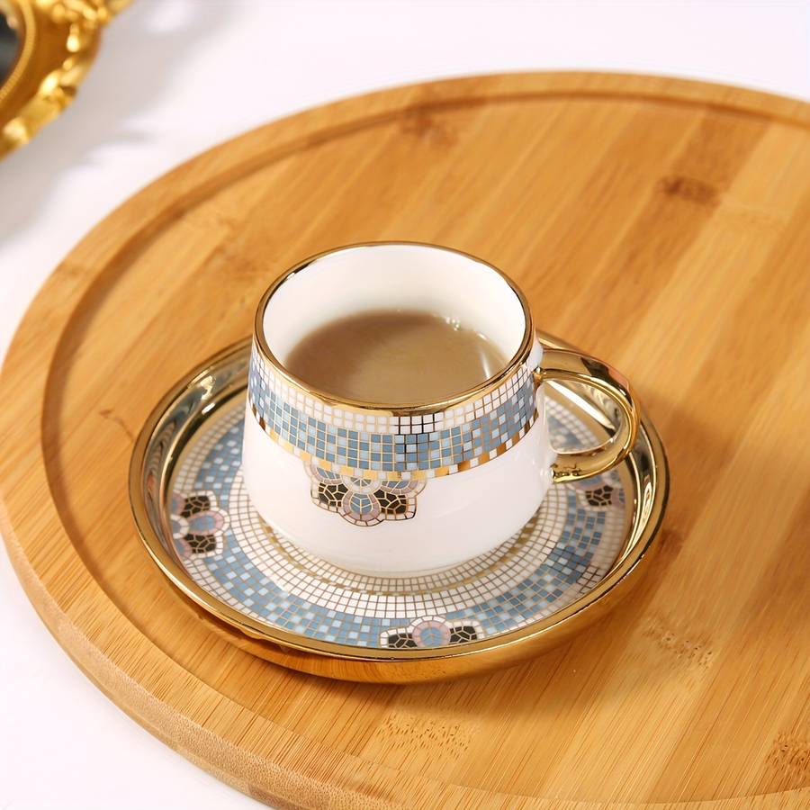 Water Cup Capacity 170Ml 574Oz Gold Rimmed Checkered 6 Cup Saucer