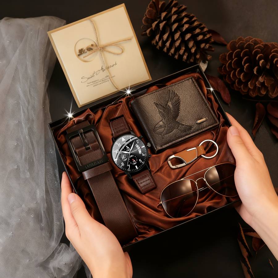 7Pcs Men Set Watch Wallet Belt Keychain Greeting Card Glasses Faux