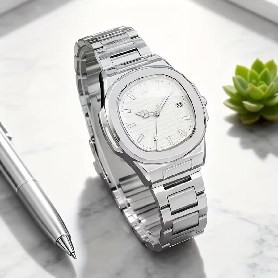 4Pcs Fashion New Men Luxury Quartz Watch Square Dial With Calendar
