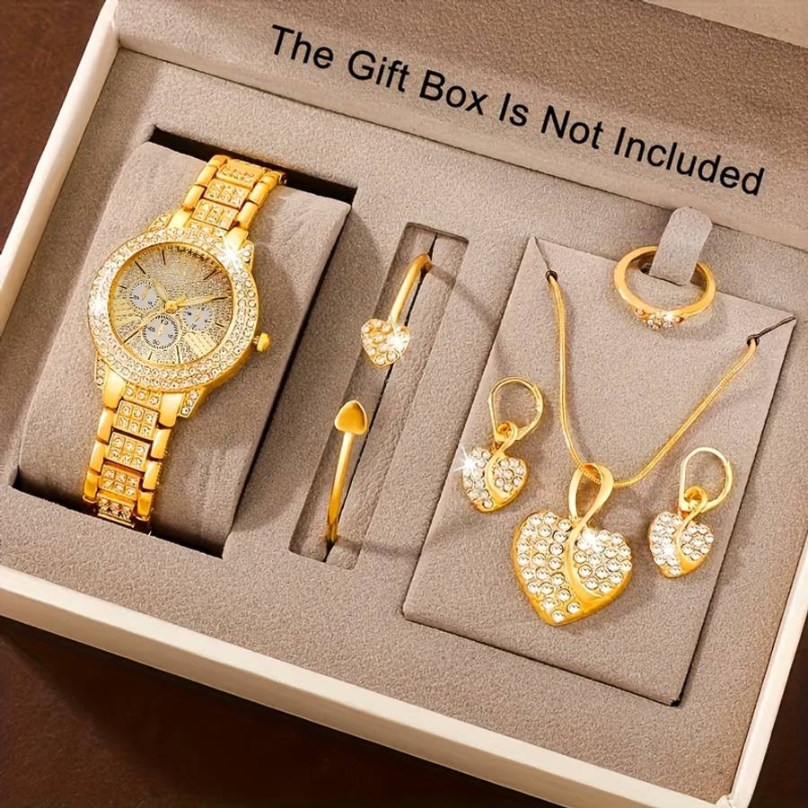 Classic Women Quartz Watch Simple Jewelry 1864 Silvery Set 6 Piece Womens
