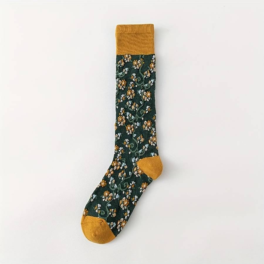 Women S Socks Color Yellowgreen Small Flowers1 Pair Size Onesize