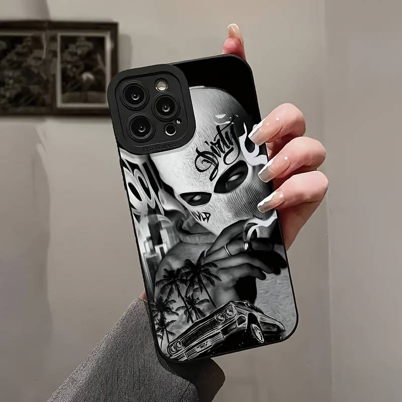1Pc Black For iPhone 15 Pro White Skull Phone Case