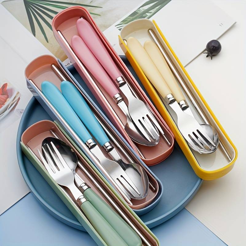 2pcs Stainless Steel Utensil Set with Storage Box Portable Spoon and Fork Available in Green