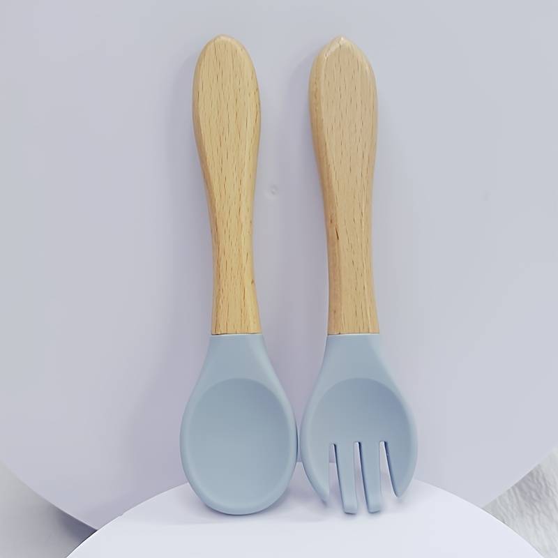 2pcs Customer Favorite 100% Food Grade Silicone Spoon and Fork with Wooden Handle BPA Free Su