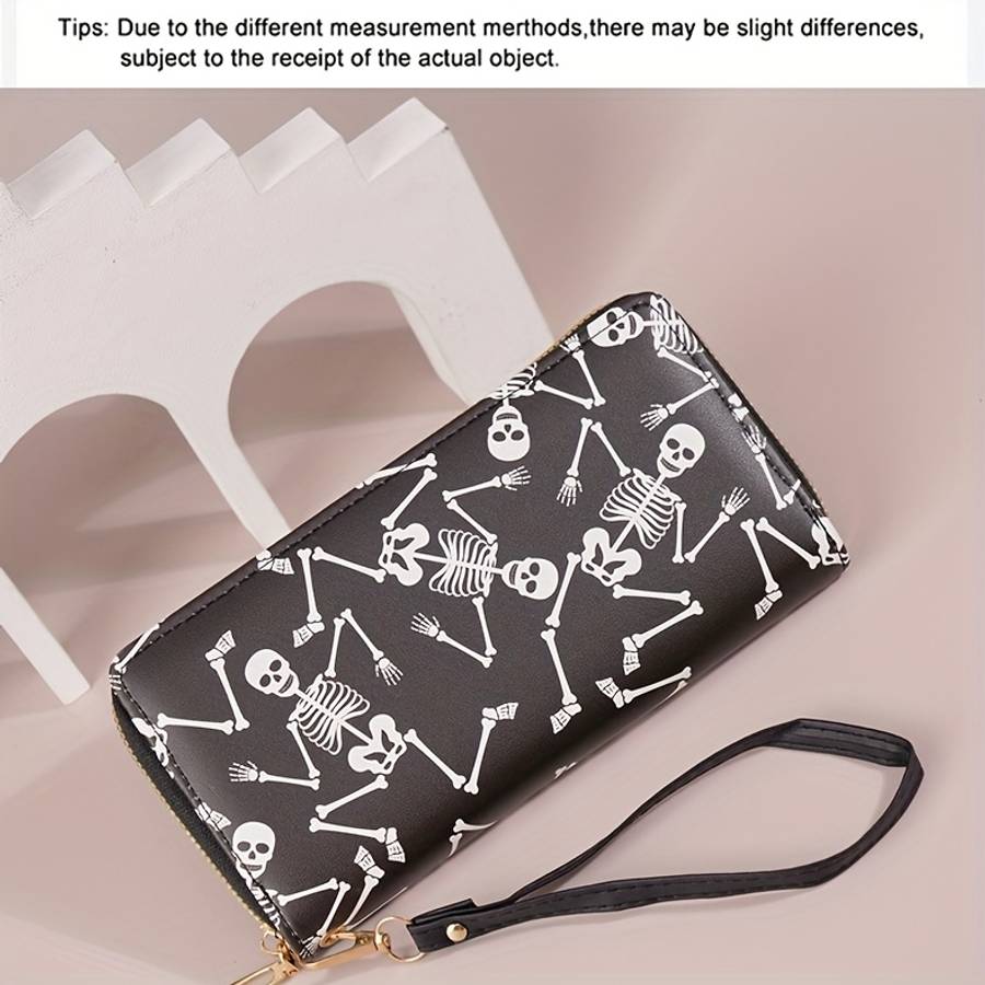 Edgy Chic Gothic Skull Print Womens Wallet Stylish Large Capacity Zipper Closure Multi-Ca