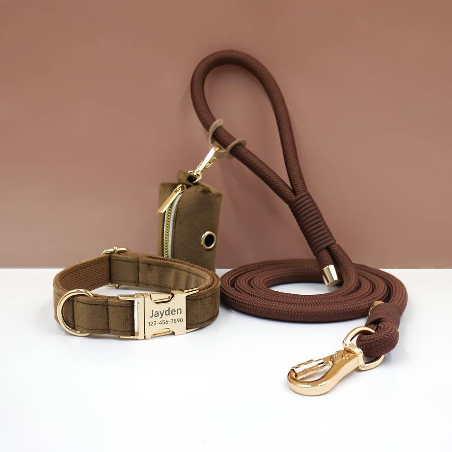 Dog Leash Color Brown Velvet Round Rope 3Piece Set Size Xl