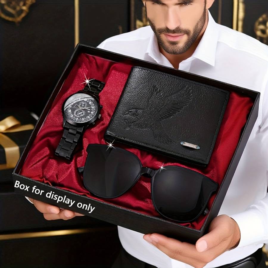 3Pcs Set Of Men Watches Wallets And Glasses Featuring Stylish And