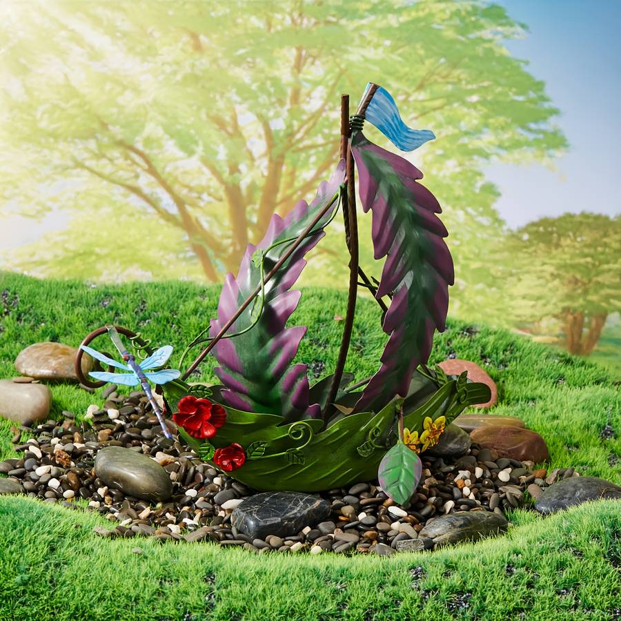 Handcrafted 3D Metal Fairy House Sailing Leaves Boat Statue Enchanted Forest